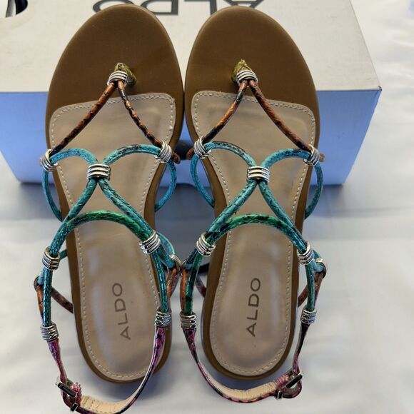 ALDO Snake Print Multi Color Strappy Flat Gold Accents Women SZ 5 New in Box - Picture 2 of 9